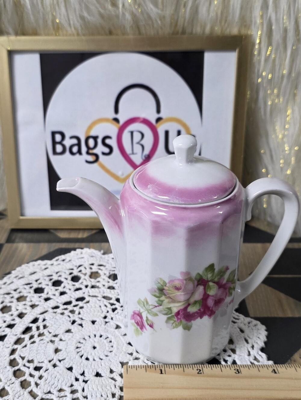 VINTAGE GERMAN CERAMIC TEAPOT PINK ROSES MADE IN GERMANY 4 X 6 EUC FAST SHIP